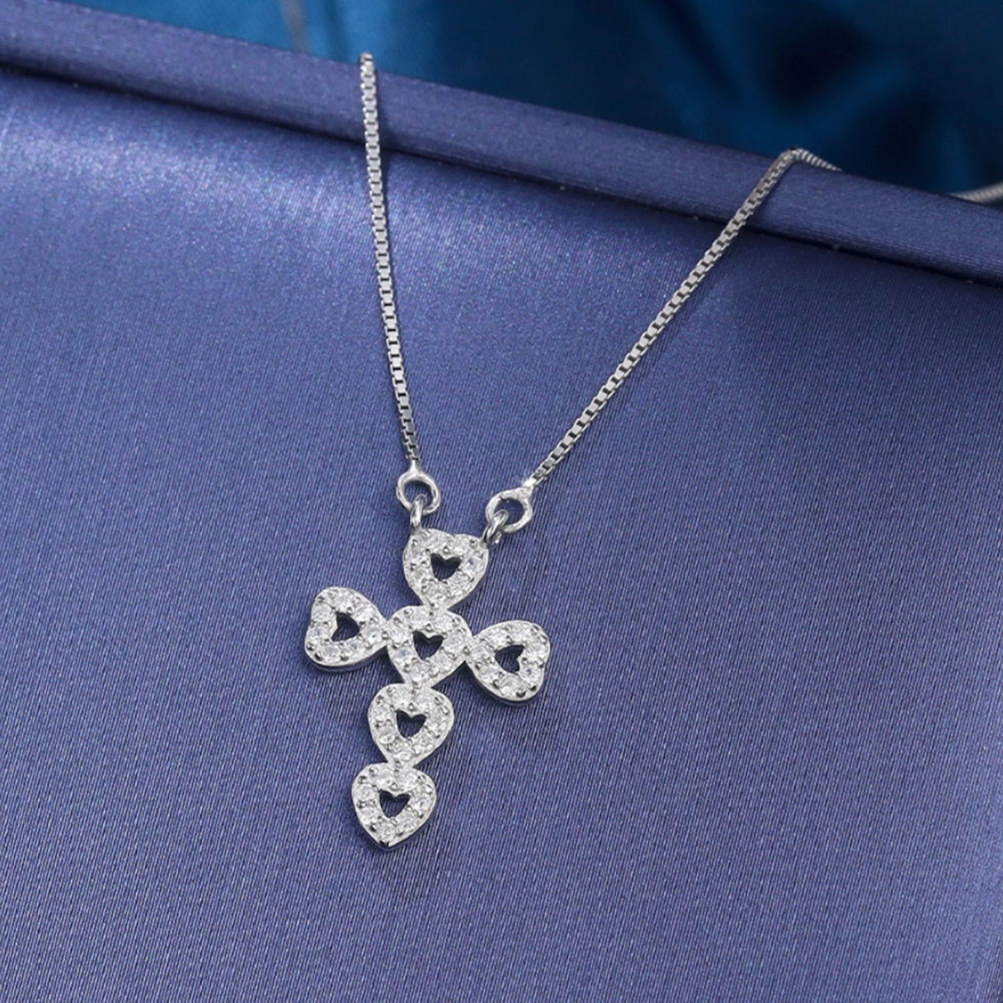 Sterling Silver Cross Pendant Necklace with Hollow Heart and Micro Pave CZ - sugarkittenlondon