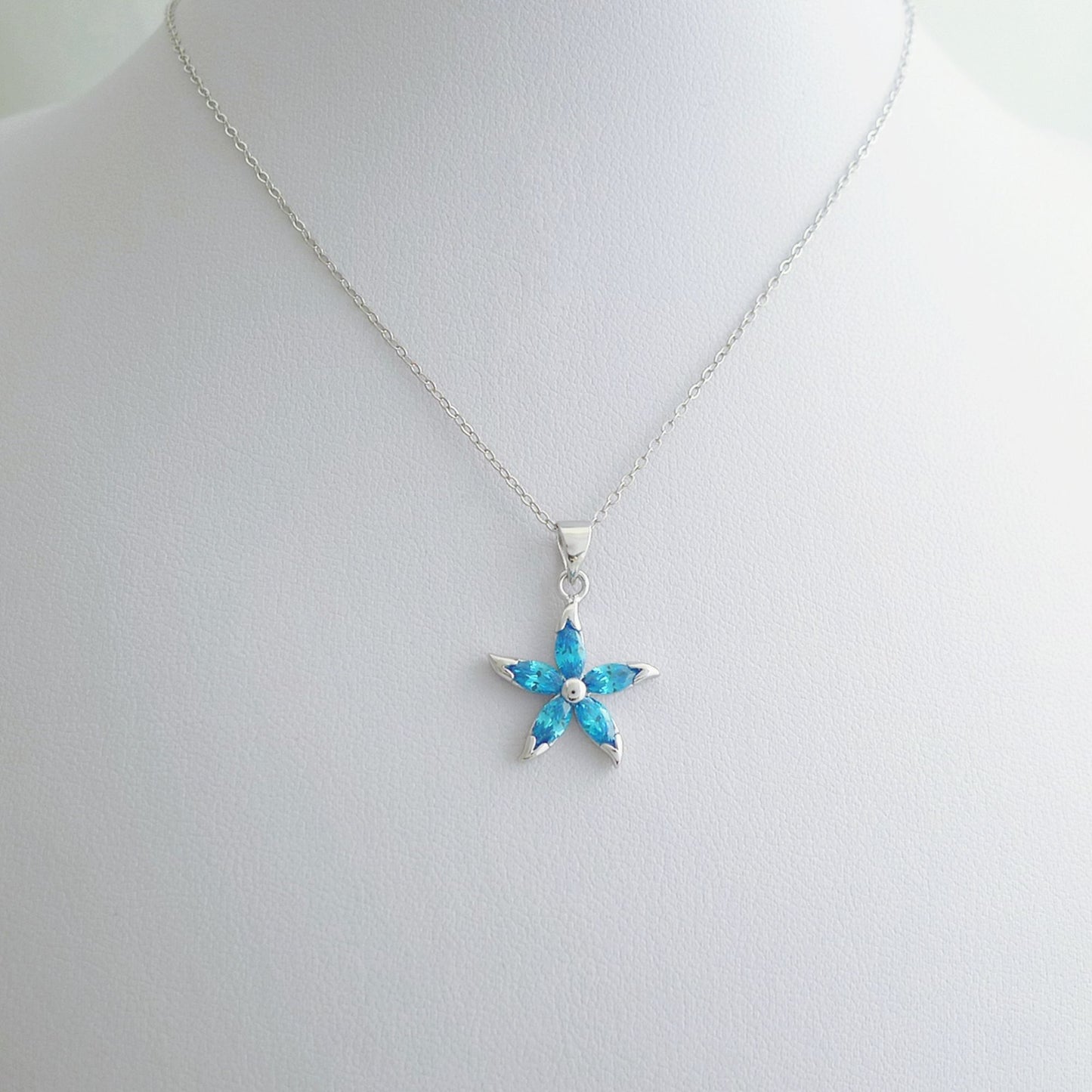 Sterling Silver Light Blue Sapphire CZ Flower Pendant Chain Necklace - sugarkittenlondon
