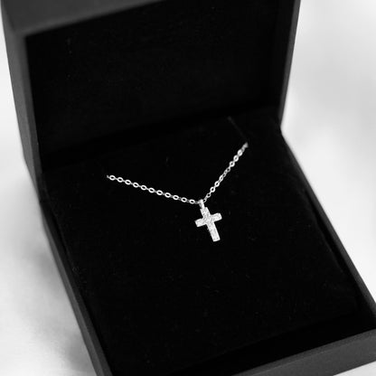 Sterling Silver Small Cross Paved CZ Charm Pendant Chain Necklace 2 Tones - sugarkittenlondon