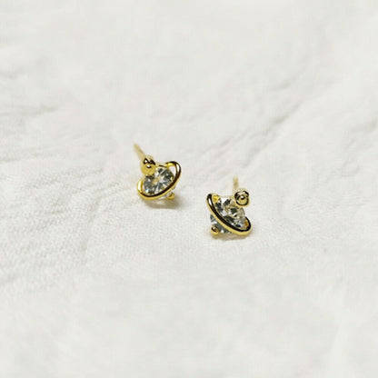 Sterling Silver 18K Gold Plated Saturn Space Star CZ Stud Earrings
