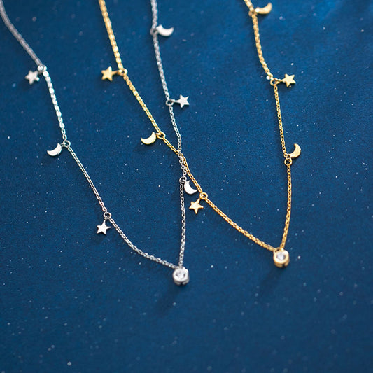 Mini Sterling Silver Star Crescent Moon Bezel Solitaire Charm Drip Necklace - sugarkittenlondon