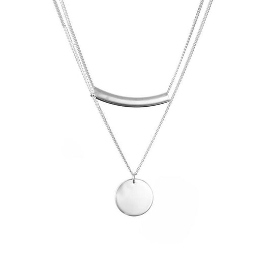 Sterling Silver Double Layer Disc Dot Pebble Charm Tube Curb Chain Necklace - sugarkittenlondon