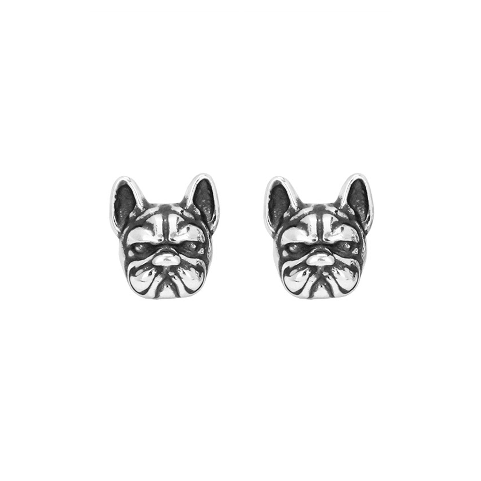 Handmade Silver English Bulldog Earring Studs in Oxidized Sterling Silver for all the Dog, offers Puppy, and Pet Lovers