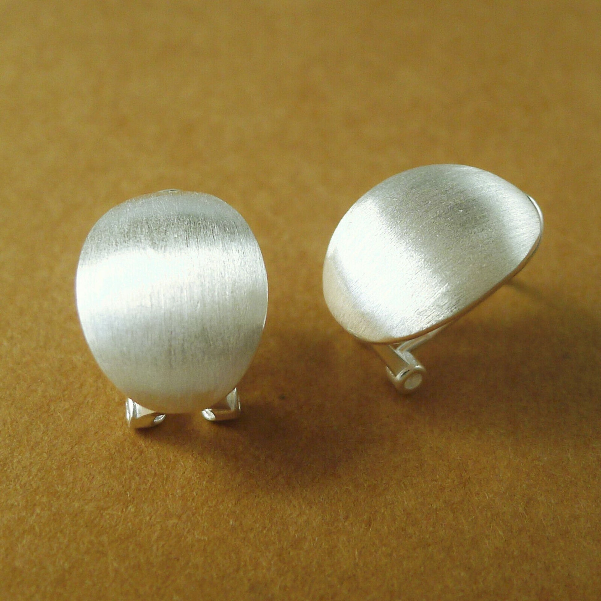 Sterling Silver Omega Back Earrings with Plain Brushed Oval Dome Petals - sugarkittenlondon