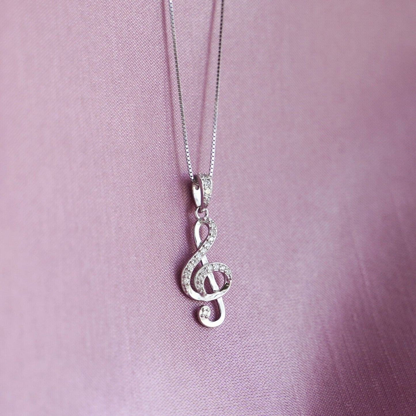 Sterling Silver CZ Treble Clef Necklace with G Music Note Pendant - sugarkittenlondon