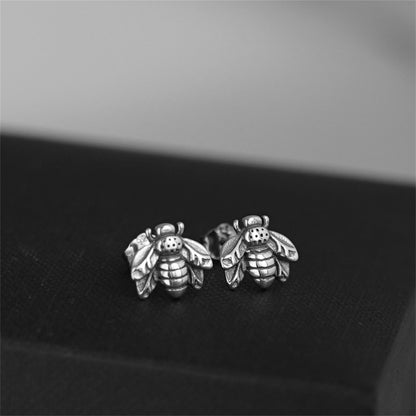 Sterling Silver Oxidized Retro 3D Bumble Bee Insect Stud Earrings - sugarkittenlondon