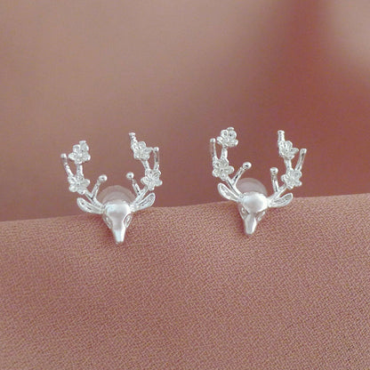Sterling Silver Shiny Deer Head With Floral Antler Stud Earrings - sugarkittenlondon