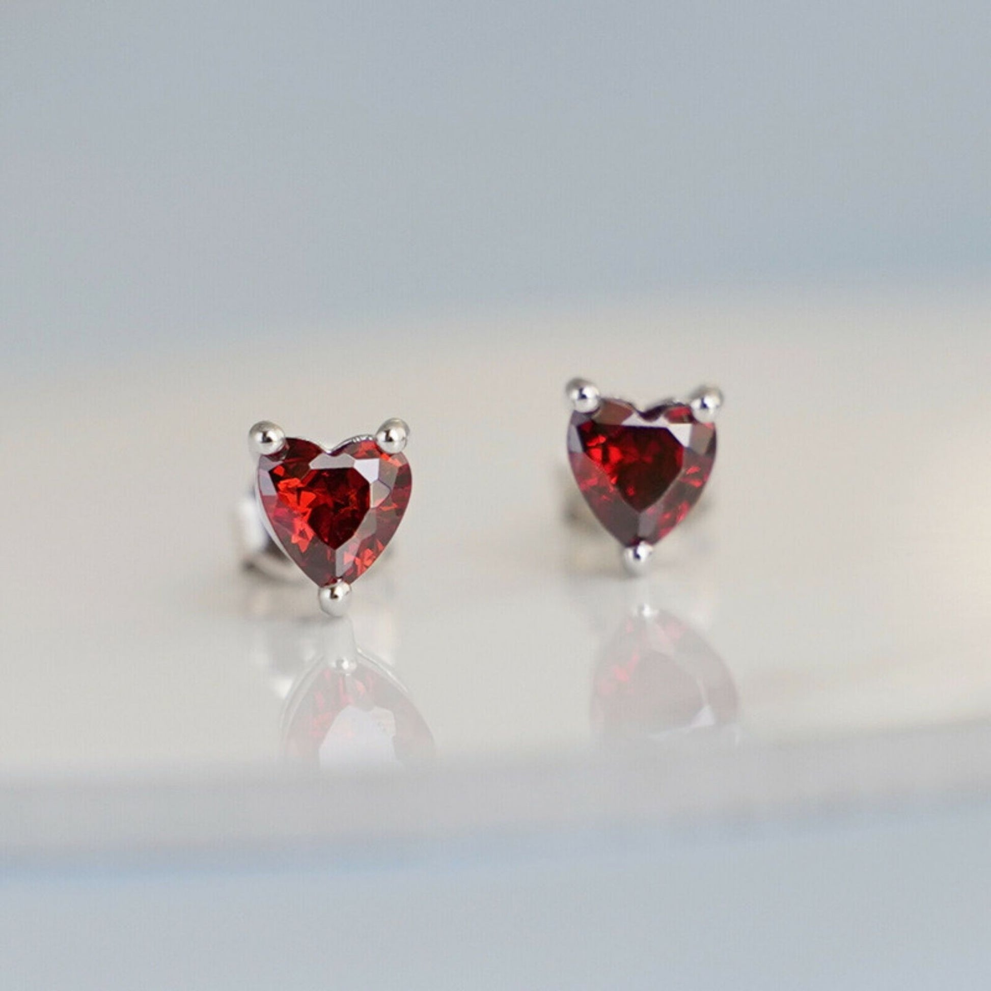 Sterling Silver Red Garnet Cut CZ Heart Shaped Stud Earrings Jewellery - sugarkittenlondon