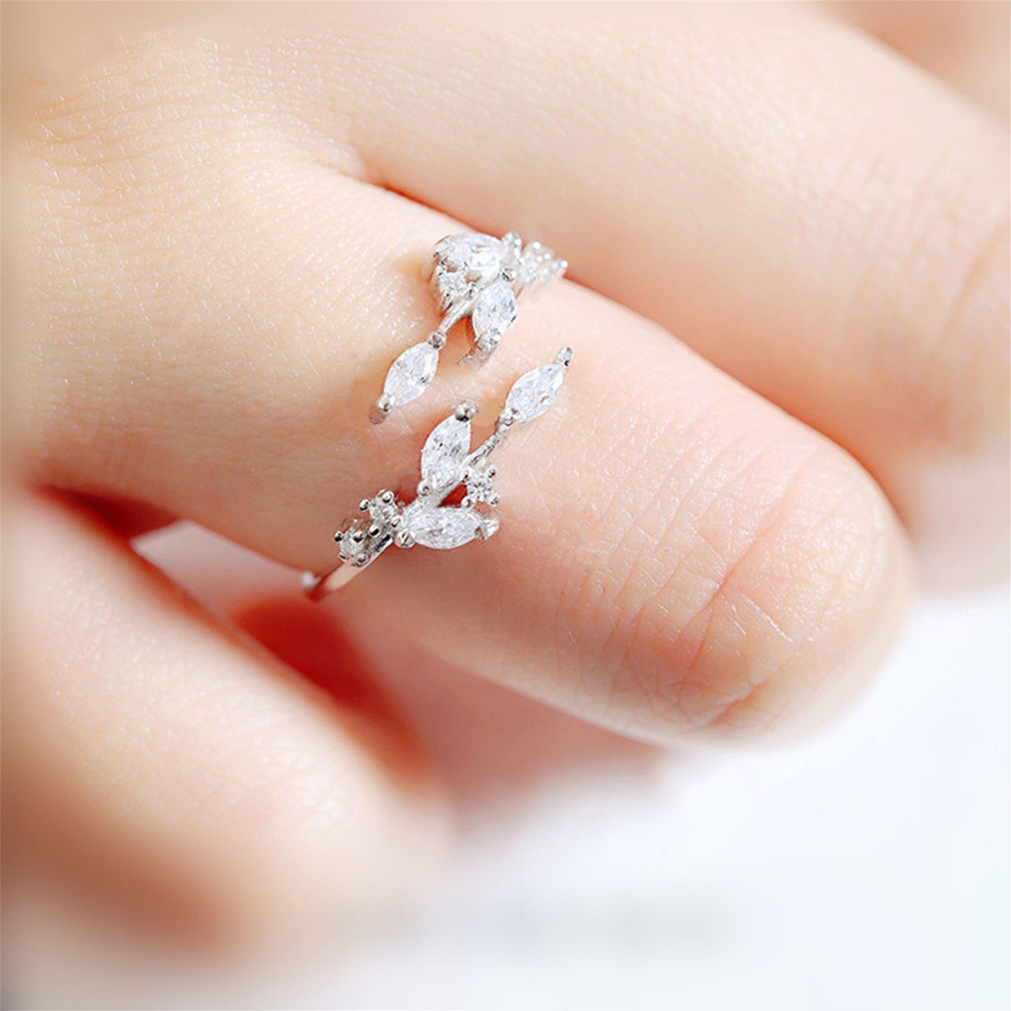 Sterling Silver Sparkling Crystal CZ Leaf Feather Bridal Wrap Ring 2 Tones - sugarkittenlondon