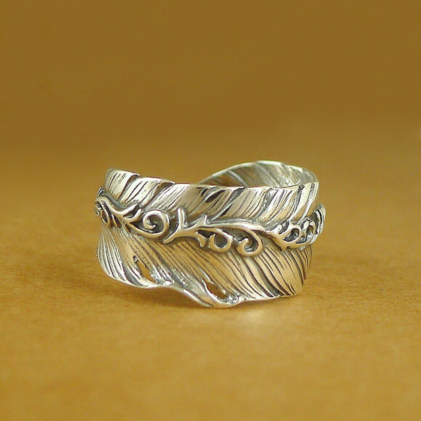 Sterling Silver Wide Mens Unisex Floral Angel Feather Wing Ring O-W - sugarkittenlondon