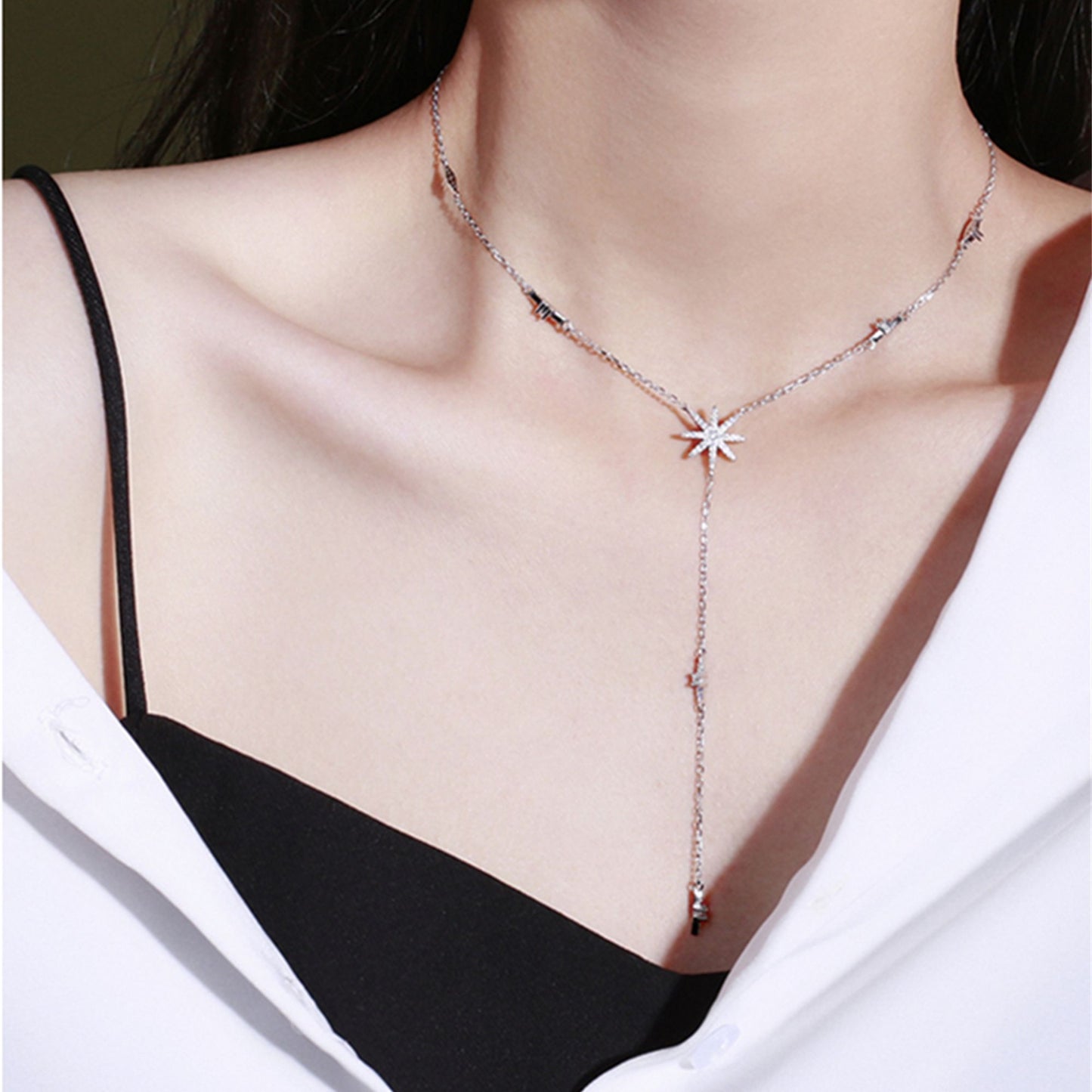 Sterling Silver Long CZ Sunlight Star Sunburst Drop Y Shape Lariat Necklace - sugarkittenlondon