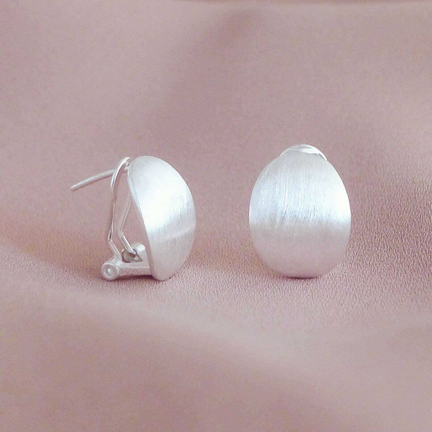 Sterling Silver Omega Back Earrings with Plain Brushed Oval Dome Petals - sugarkittenlondon