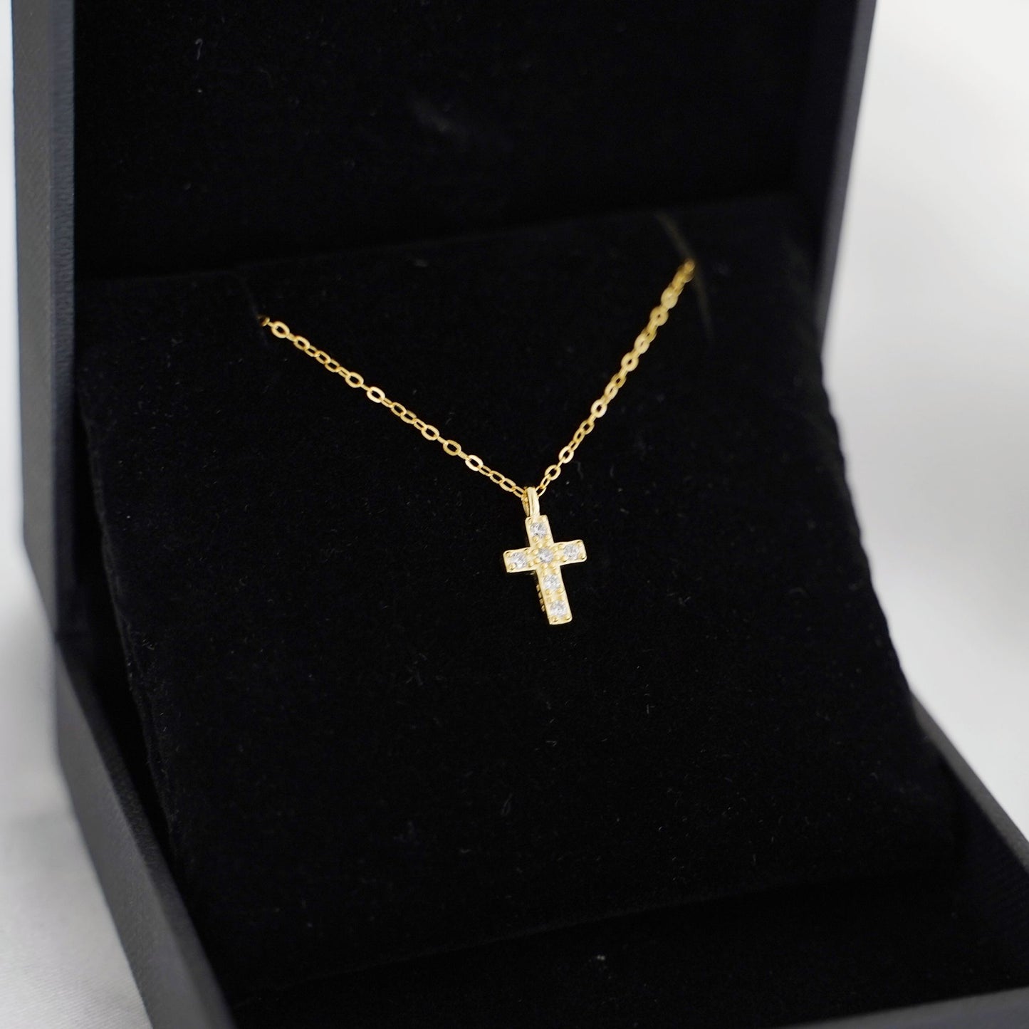 Sterling Silver Small Cross Paved CZ Charm Pendant Chain Necklace 2 Tones - sugarkittenlondon