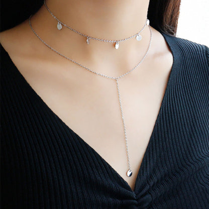 Sterling Silver Double Layered Disc Dot Circle Lariat Choker Necklace - sugarkittenlondon