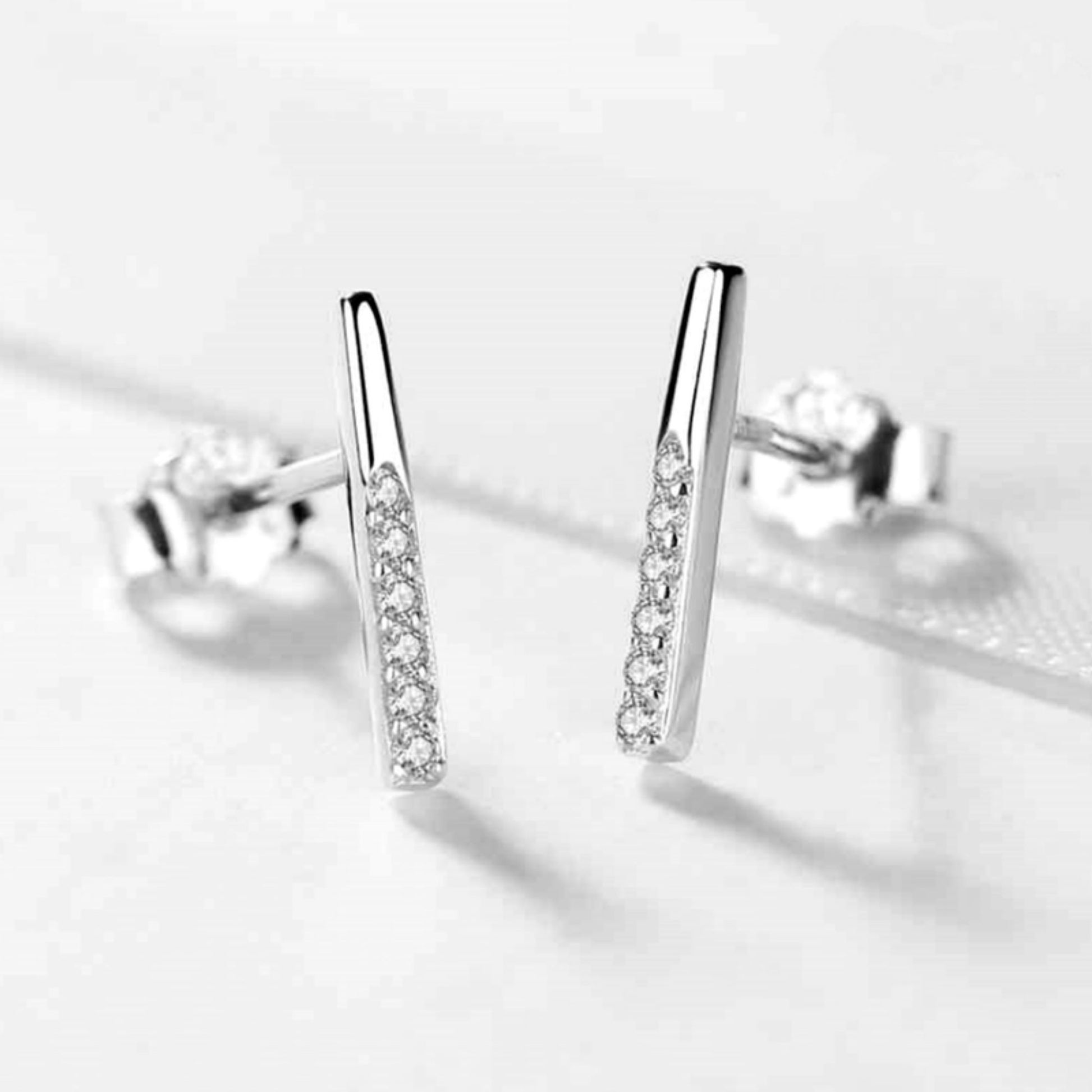 Sterling Silver Simple Paved CZ Pin Line Pointy Bar Stud Earrings - sugarkittenlondon