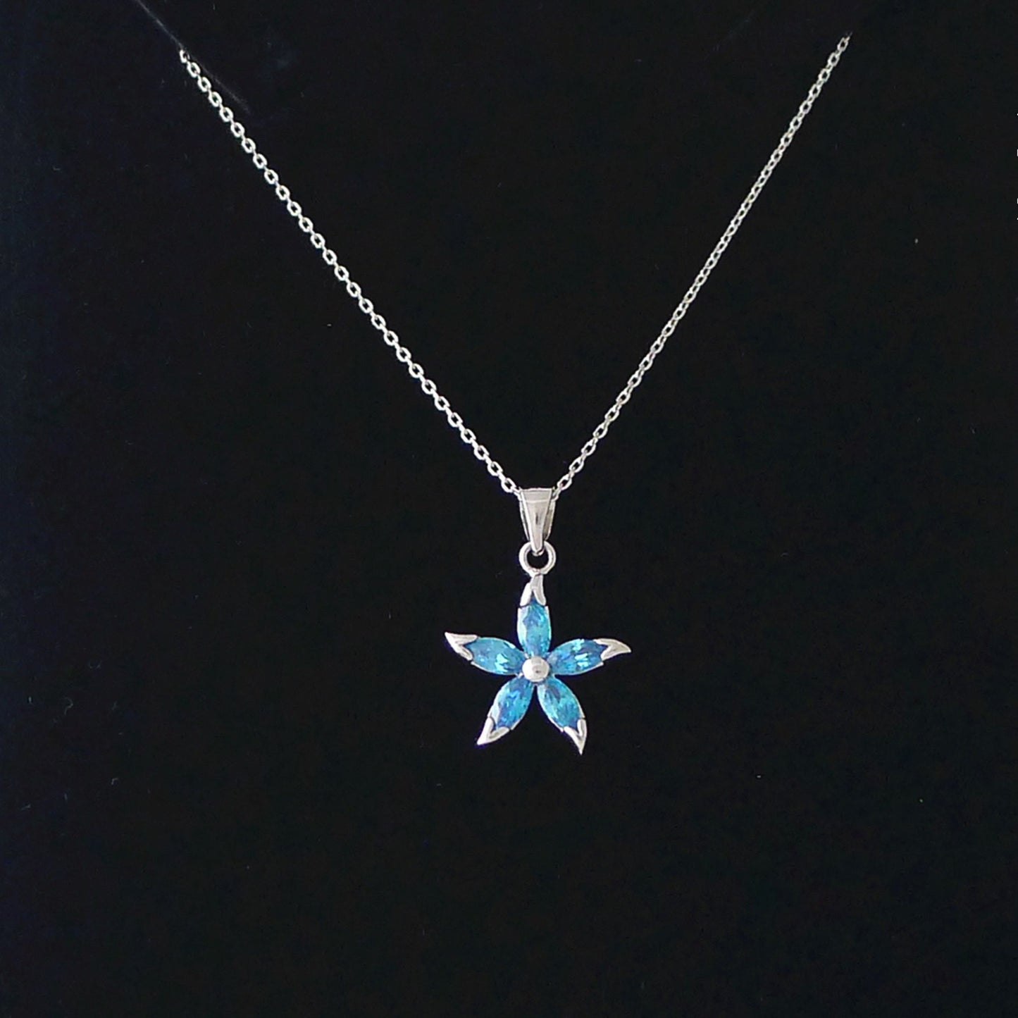 Sterling Silver Light Blue Sapphire CZ Flower Pendant Chain Necklace - sugarkittenlondon