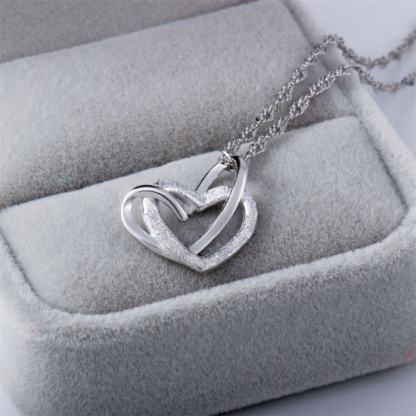 Sterling Silver Love Knot Necklace with Floating Sandblasted Heart Charm - sugarkittenlondon