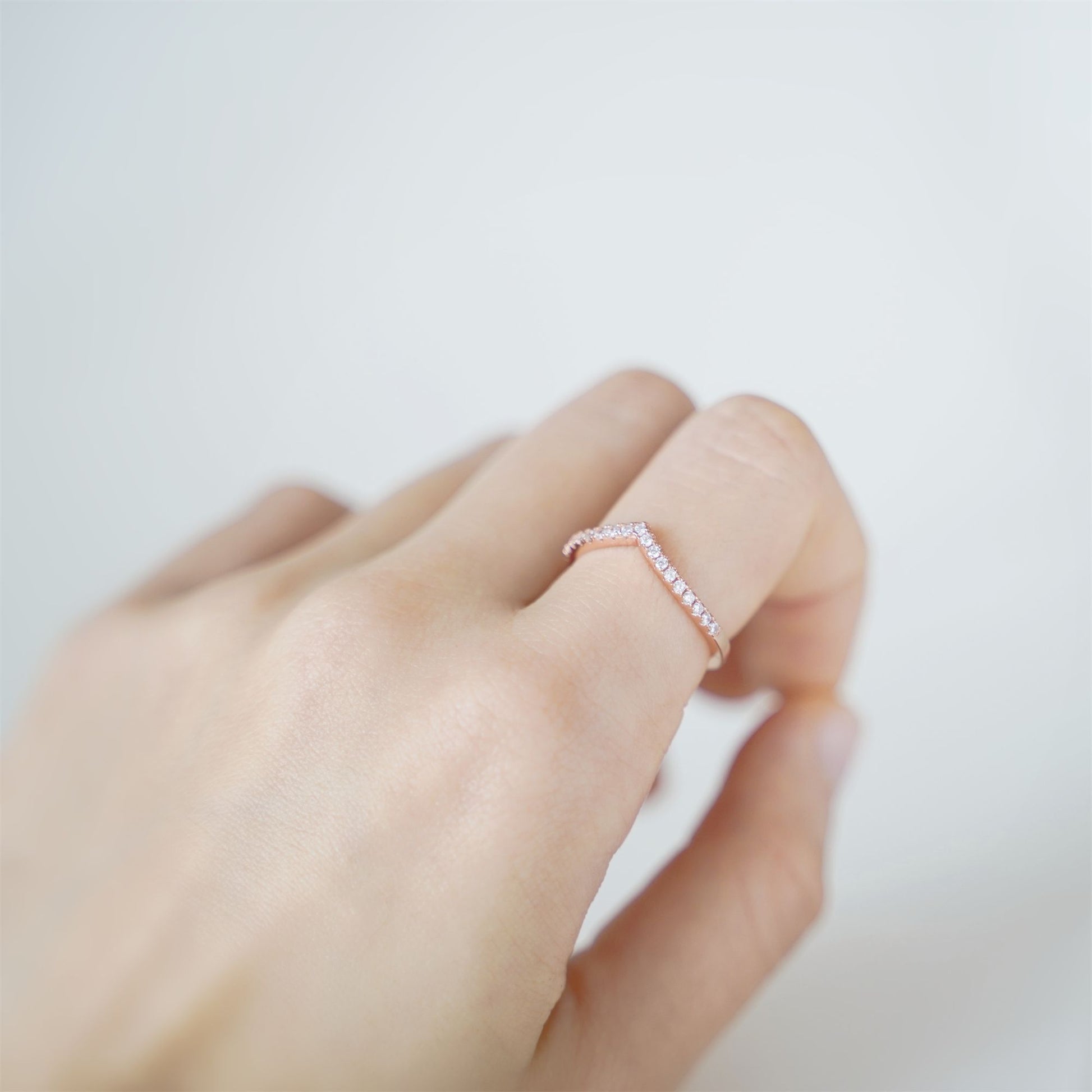 Rose Gold on Sterling Silver Wishbone Chevron Half Eternity 1.5mm Pave CZ Ring - sugarkittenlondon