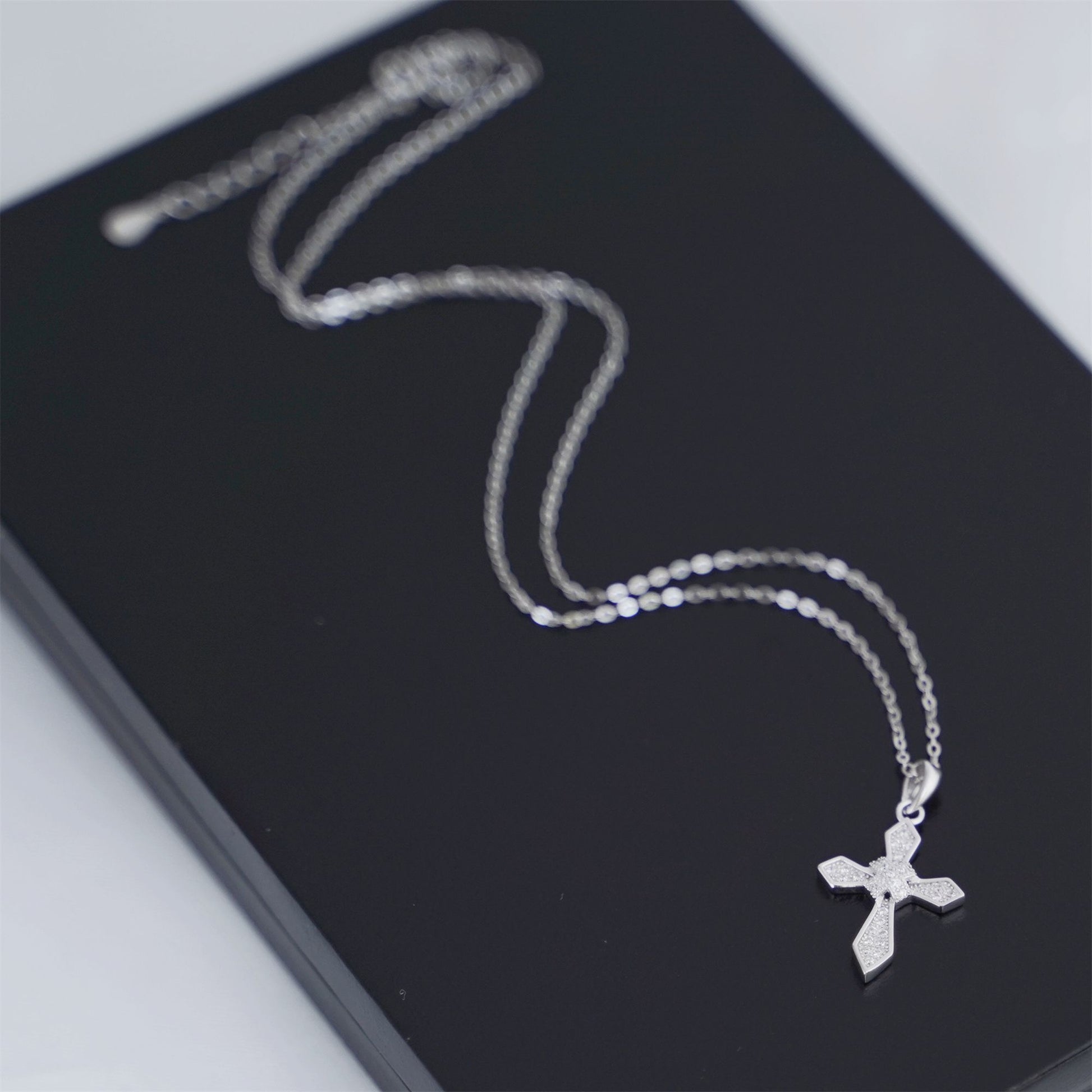 Sterling Silver Passion Cross Diagonal Cross Centre Paved CZ Pendant Necklace - sugarkittenlondon