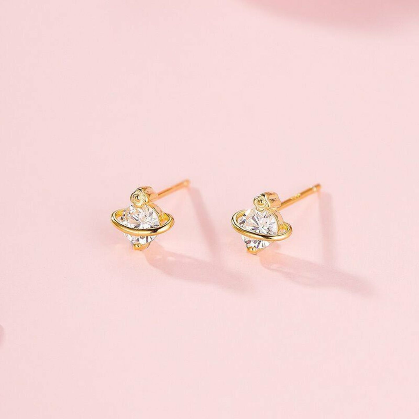 Sterling Silver 18K Gold Plated Saturn Space Star CZ Stud Earrings