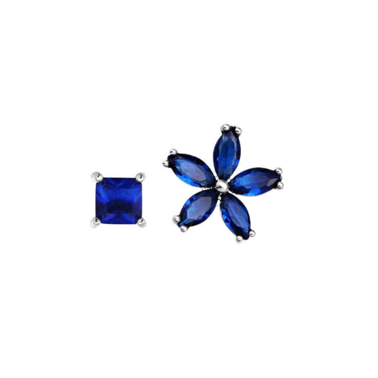 Dark Blue Flower CZ 925 Sterling Silver Square Stud Earrings