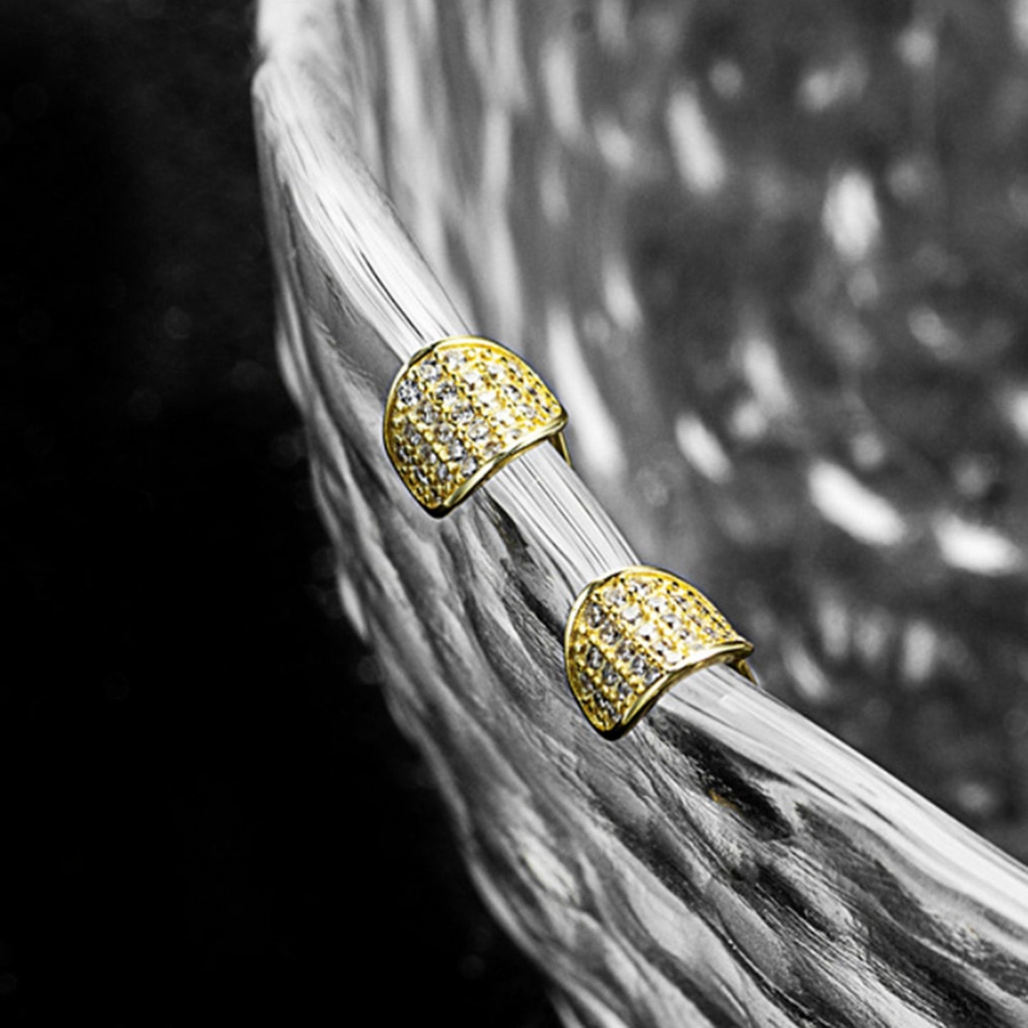 Pave CZ Gold Stud Earrings with Curvy Hoops on sterling silver