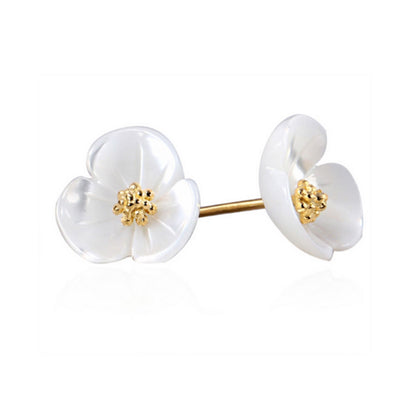 18K Gold Sterling Silver Clover Flower Stud Earrings with Natural Mother of Pearl