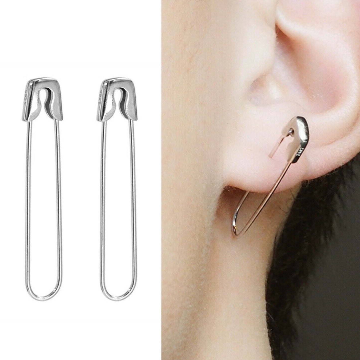 Sterling Silver Safety Pin Hoop Drop Cuff Earrings for Everyday Wear