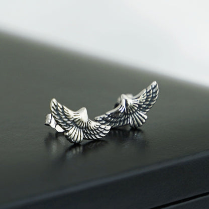 Sterling Silver Oxidized Flying Eagle Wing Feather Bird Stud Earrings Boxed - sugarkittenlondon