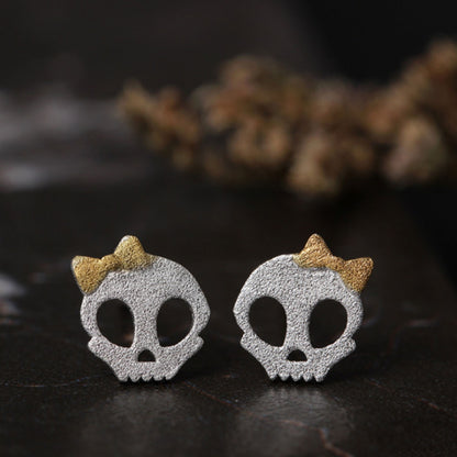 Gold on Sterling Silver Matte Sugar Bow Skull Skeleton Post Studs Earrings - sugarkittenlondon