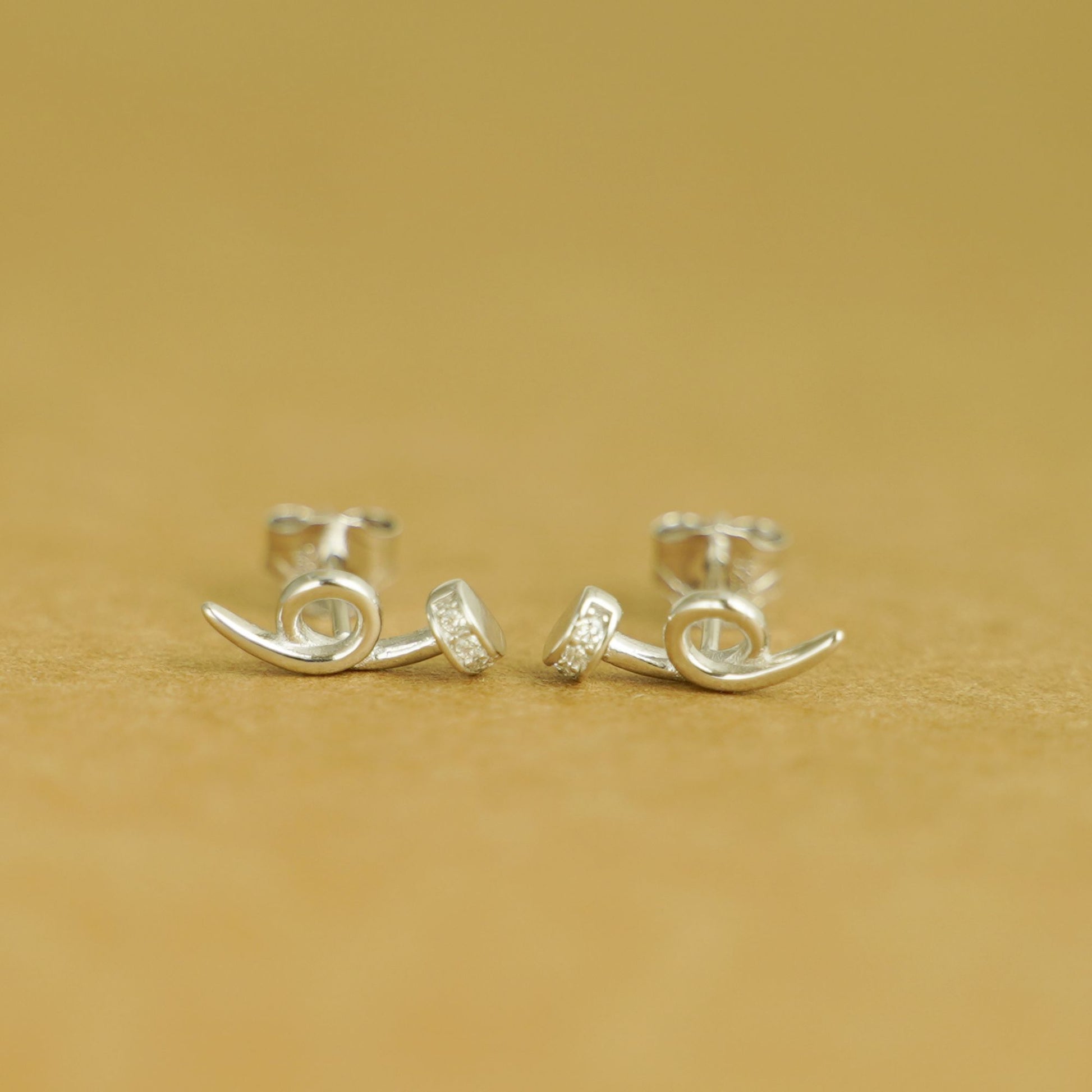 Sterling Silver Twisted Nail Spiral Pin CZ Stud Earrings - Minimalist Dainty Ear Piercing Jewelry - sugarkittenlondon
