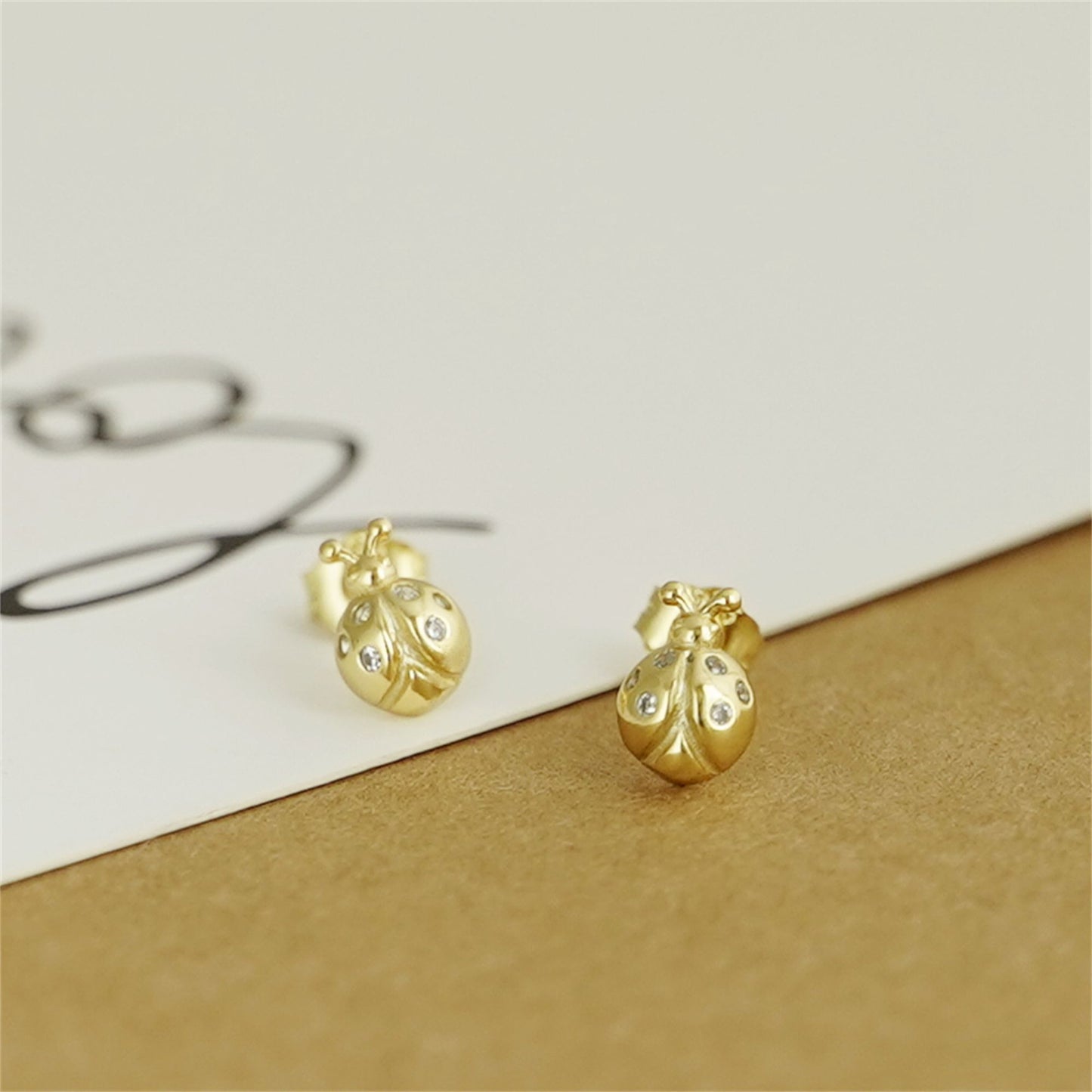 18K Gold on Sterling Silver Ladybird Stud Earrings with CZ