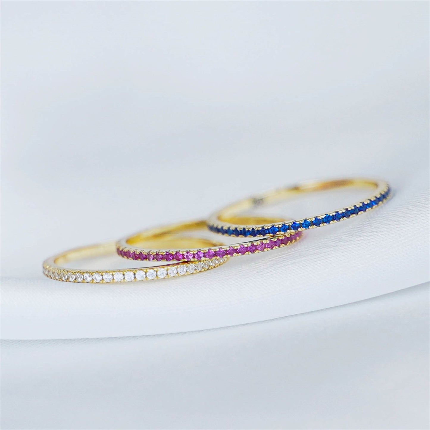 14K Gold Sterling Silver CZ Eternity Ring in White, Magenta, and Navy - sugarkittenlondon