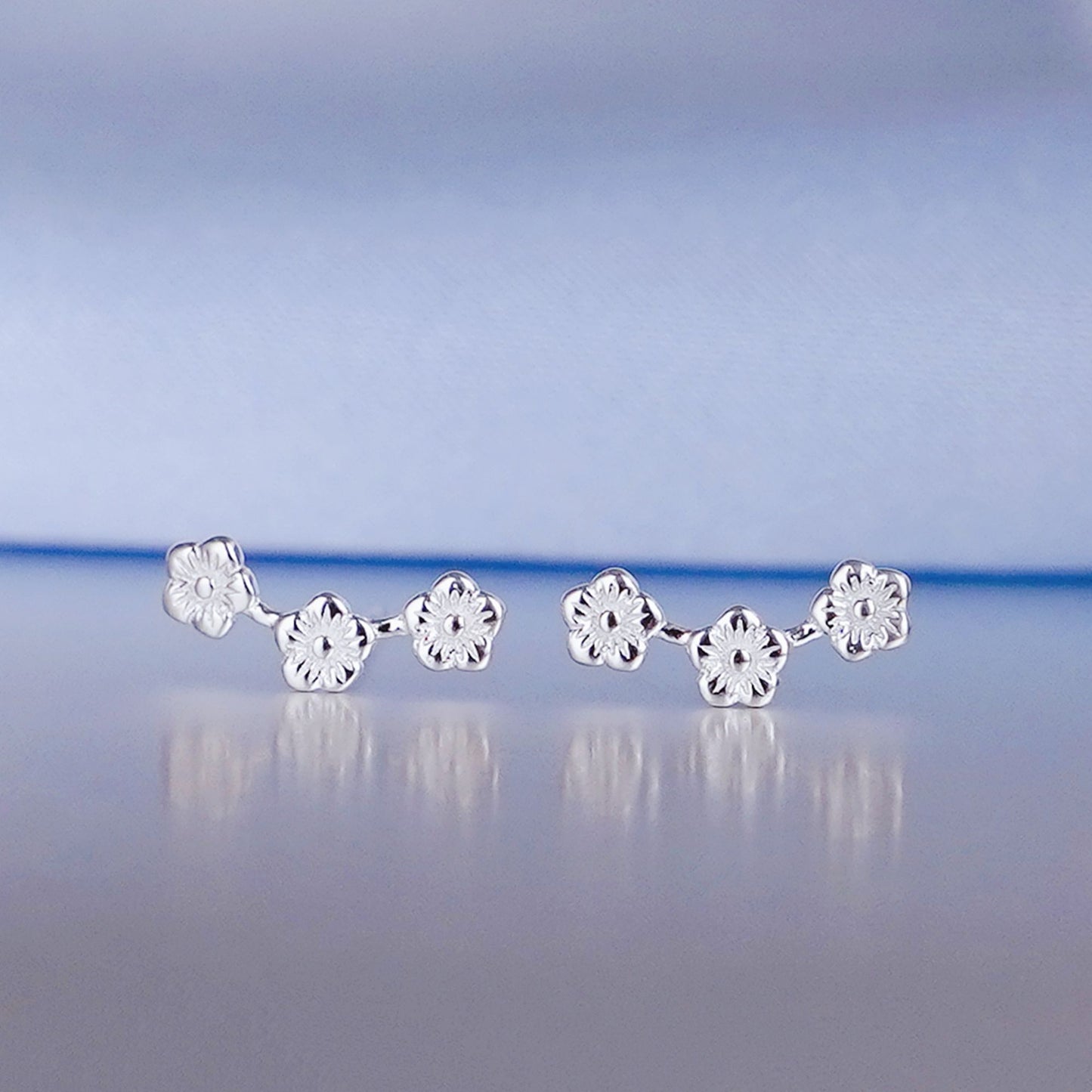 Mini 925 Sterling Silver Triple Flower Line Wave Post Stud Earrings - sugarkittenlondon