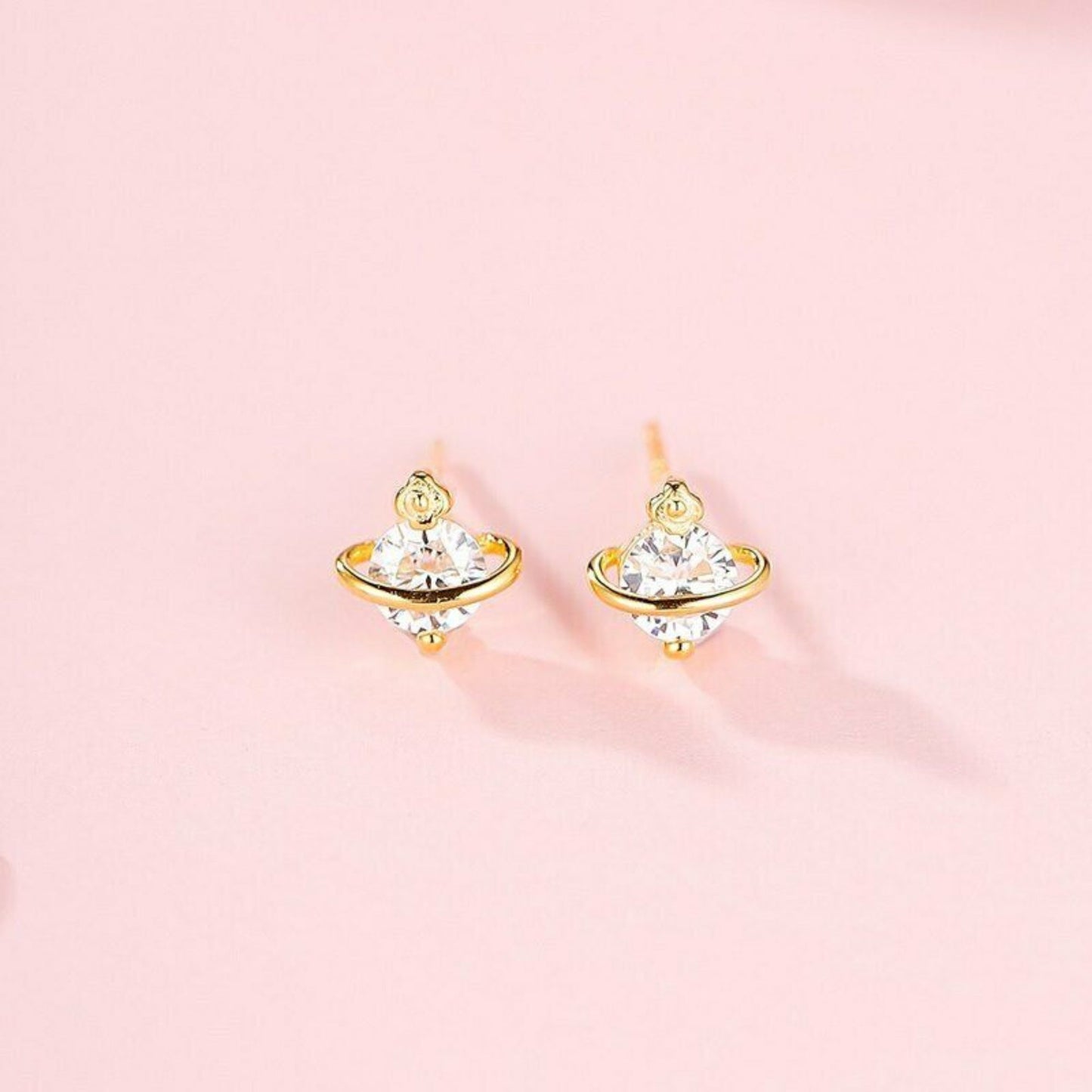 Sterling Silver 18K Gold Plated Saturn Space Star CZ Stud Earrings