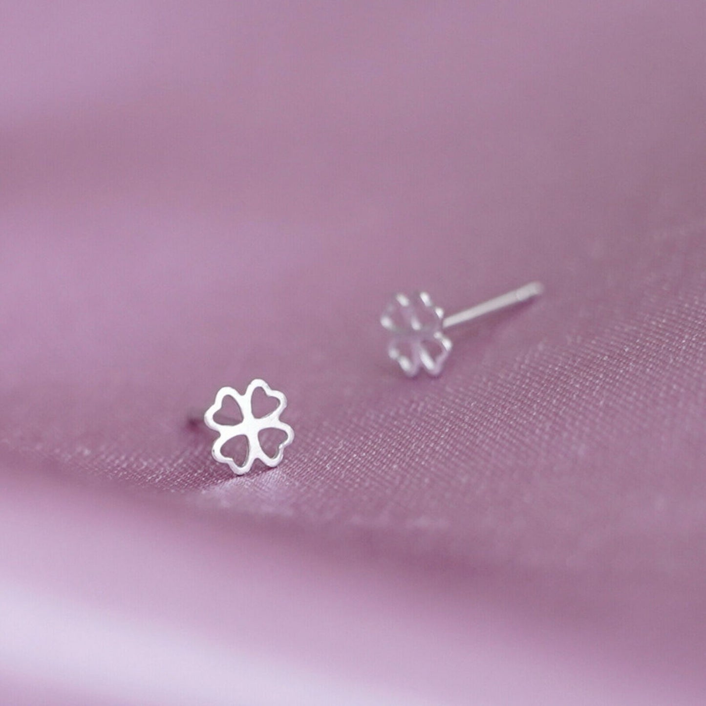 Fine Silver 999 5mm Lucky Love Heart Four Leaf Clover Shamrock Stud Earrings - sugarkittenlondon