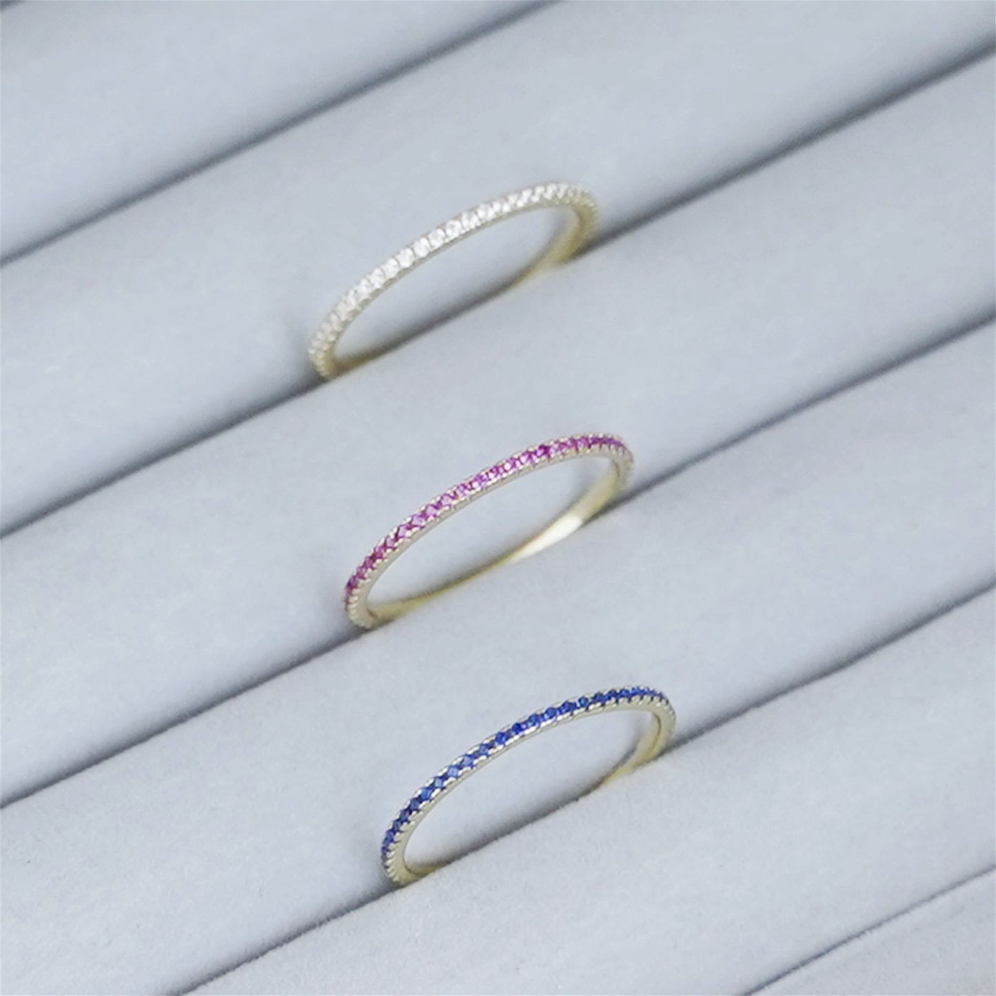 14K Gold on Sterling Silver Full Eternity 1mm White Magenta Navy CZ Ring - sugarkittenlondon