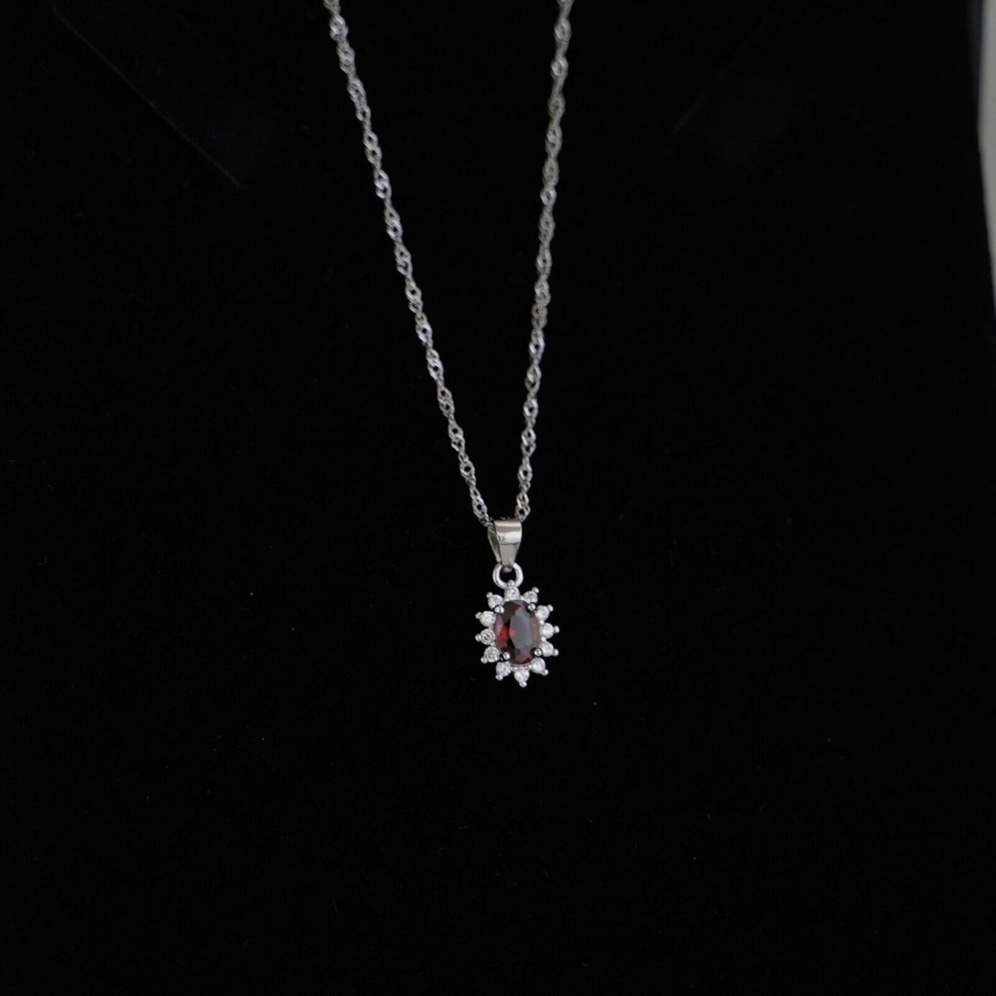 Sterling Silver Classic Red Ruby Garnet Colour Oval CZ Cluster Pendant Necklace - sugarkittenlondon