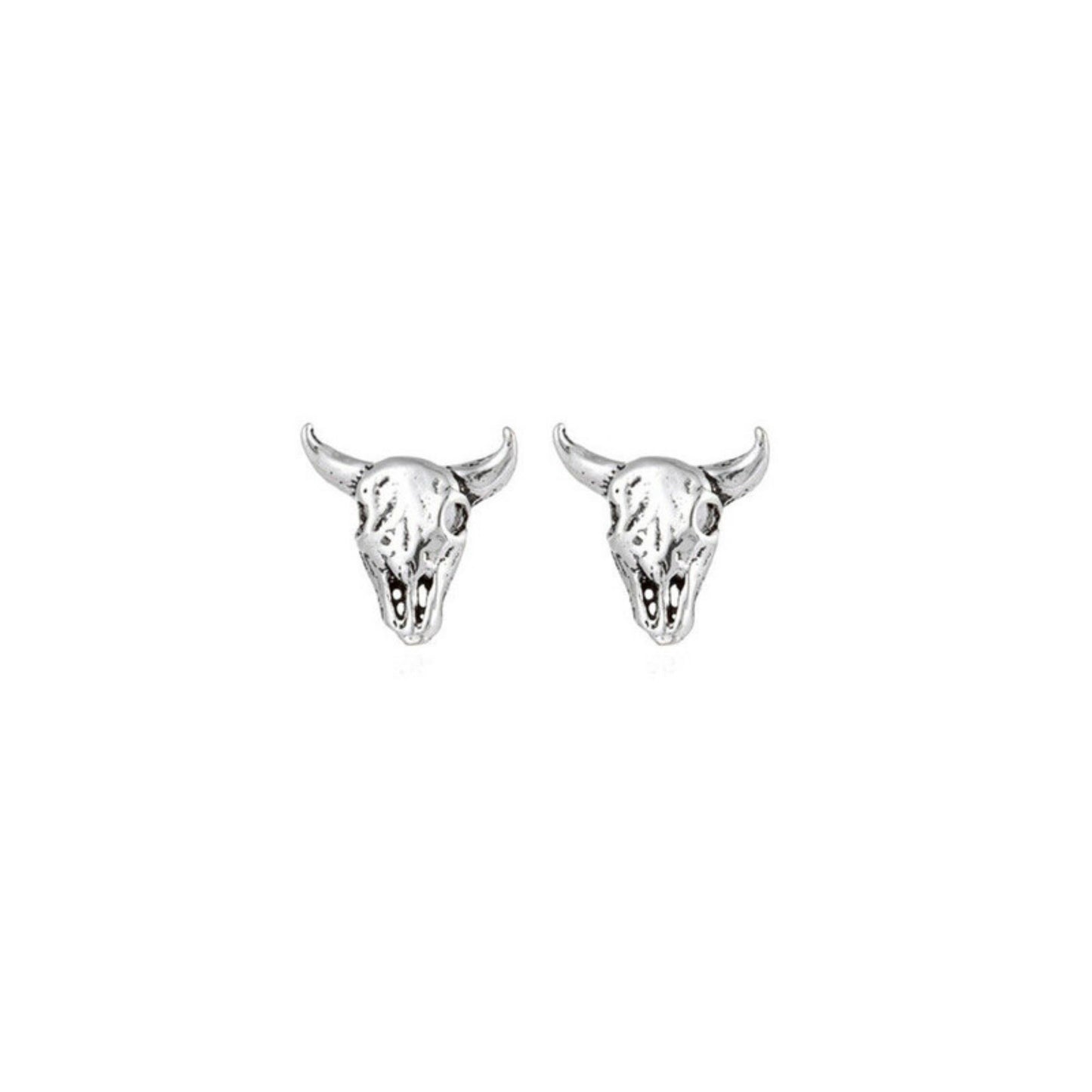 Sterling Silver Hollow Buffalo Skull Horned Ox Cow Punk Gothic Stud Earrings - sugarkittenlondon