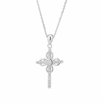 Sterling Silver Thin Paved CZ Ribbon Cross Bezel CZ Centre Pendant Necklace - sugarkittenlondon