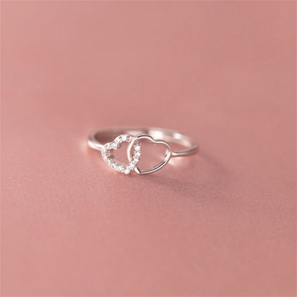 Rhodium Love Ring with Sterling Silver Linked Hearts and Crystal CZ Paving