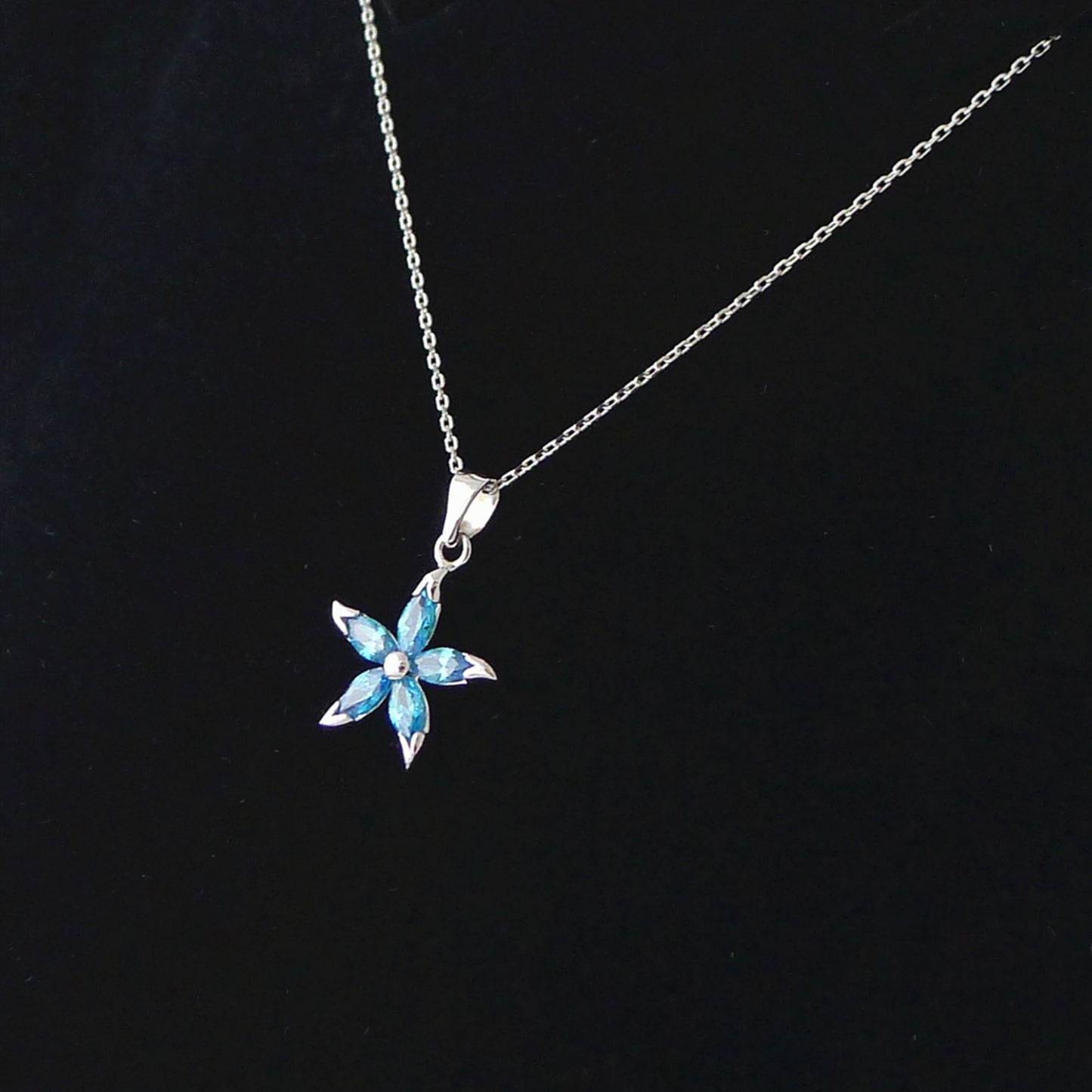 Sterling Silver Light Blue Sapphire CZ Flower Pendant Chain Necklace - sugarkittenlondon