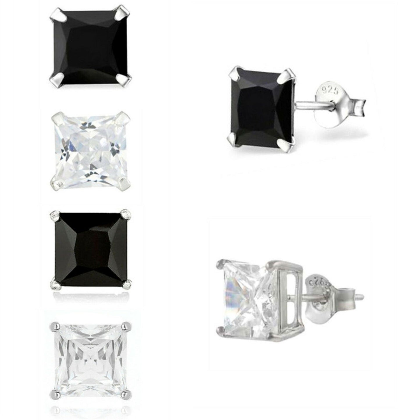 Sterling Silver Princess Cut Square CZ Unsiex Stud Earrings in Black and White, 2.5-10mm - sugarkittenlondon