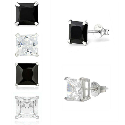 Sterling Silver Princess Cut Square CZ Unsiex Stud Earrings in Black and White, 2.5-10mm