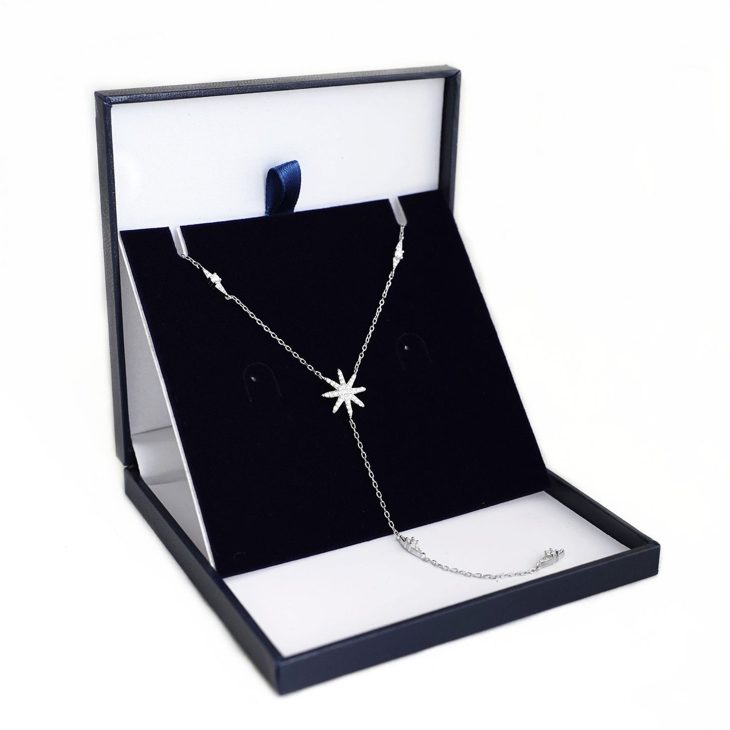 Sterling Silver Long CZ Sunlight Star Sunburst Drop Y Shape Lariat Necklace - sugarkittenlondon