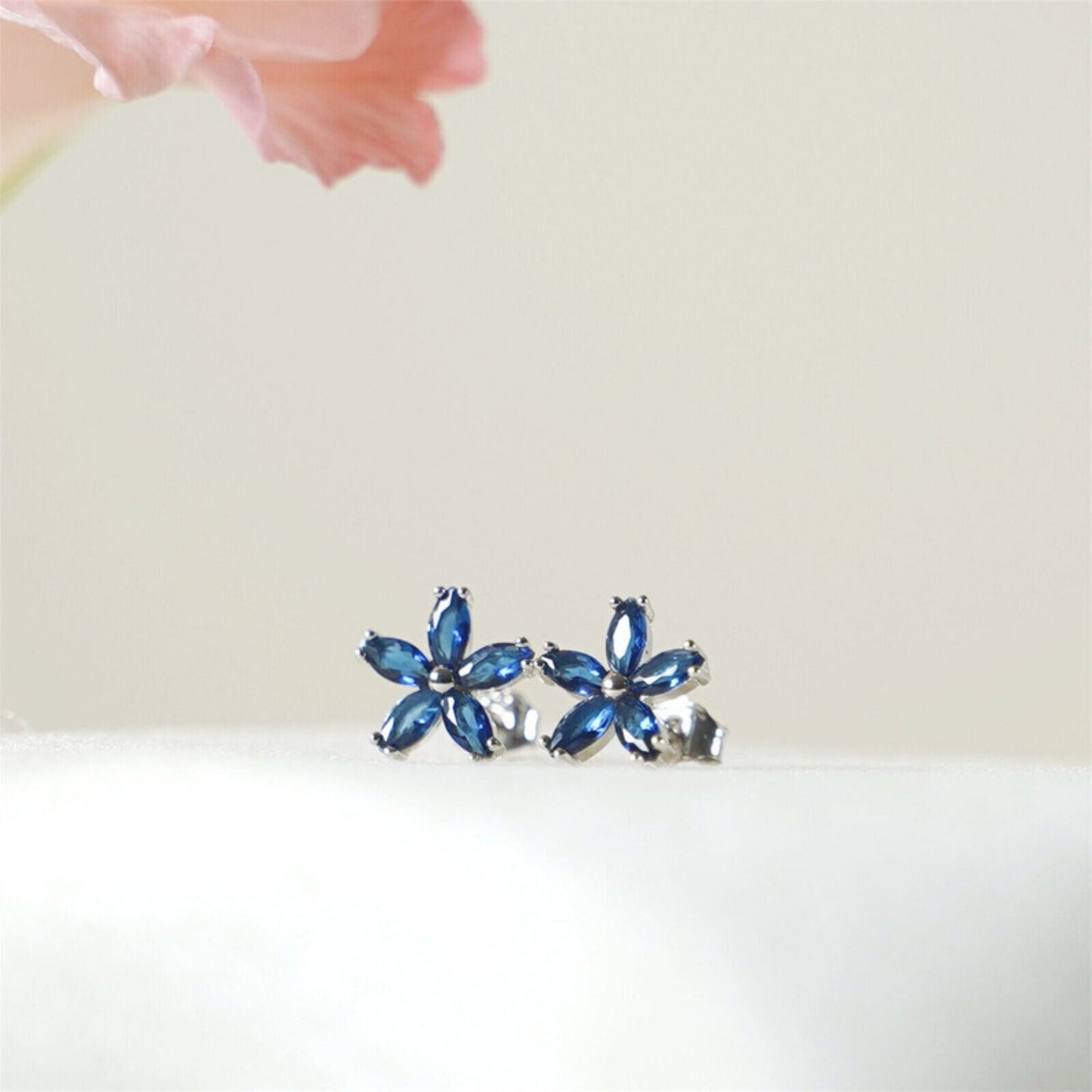 Dark Blue Flower CZ 925 Sterling Silver Square Stud Earrings