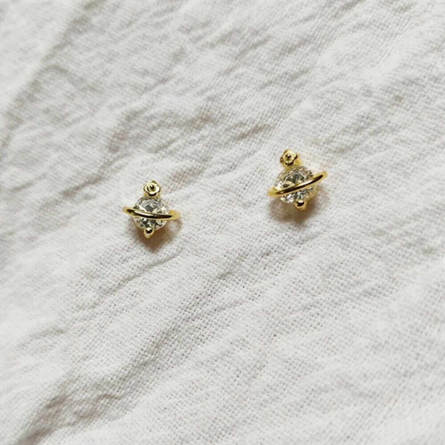 Sterling Silver 18K Gold Plated Saturn Space Star CZ Stud Earrings