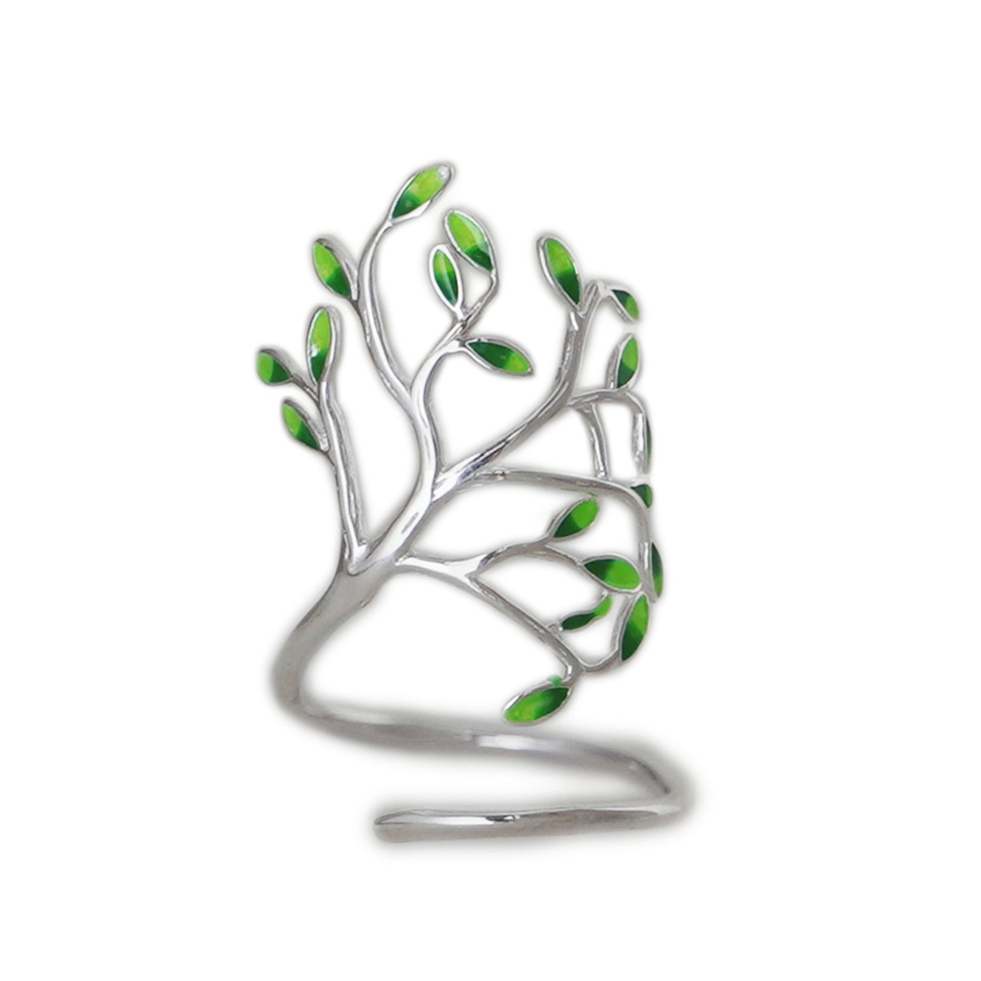 Sterling Silver Tree of Life Green Glazed Leaf Branch Forest Wrap Ring - sugarkittenlondon