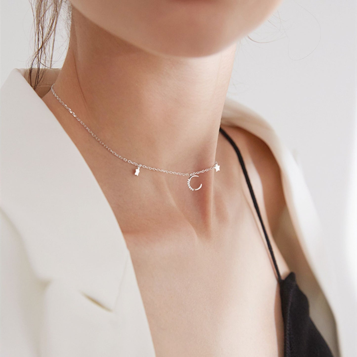 Mini Moon Star CZ Crescent Charm Drop Choker Necklace in Sterling Silver - sugarkittenlondon