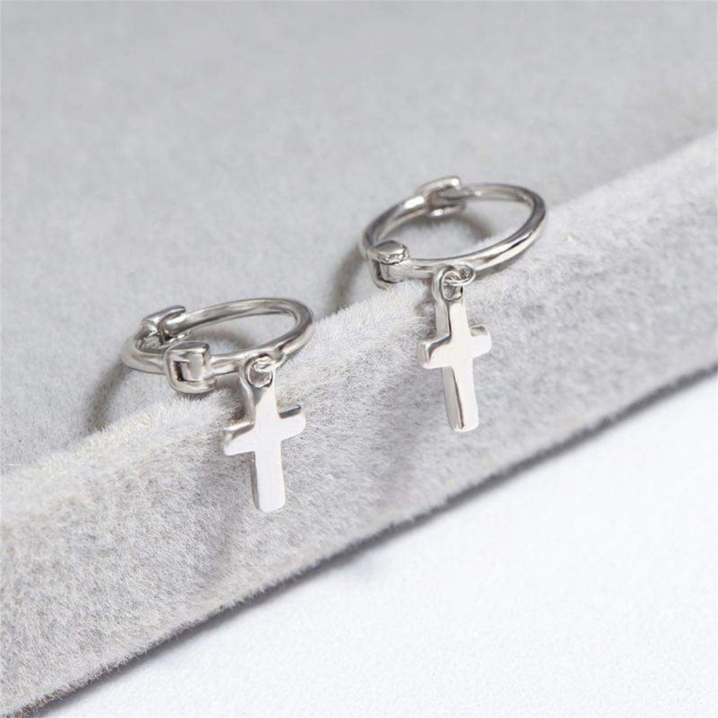 Unisex 8mm Sterling Silver Cross Hoop Earrings with Drop Charm